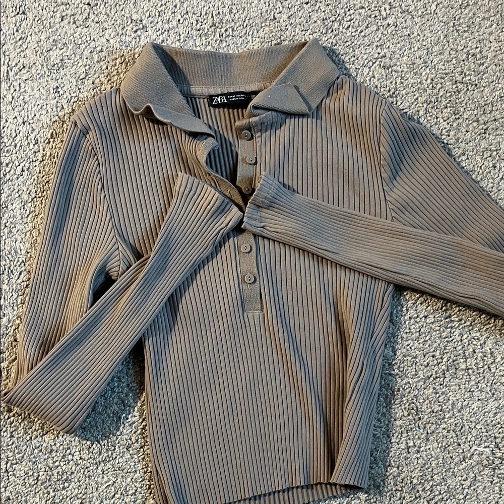 Zara Taupe Ribbed Polo Top